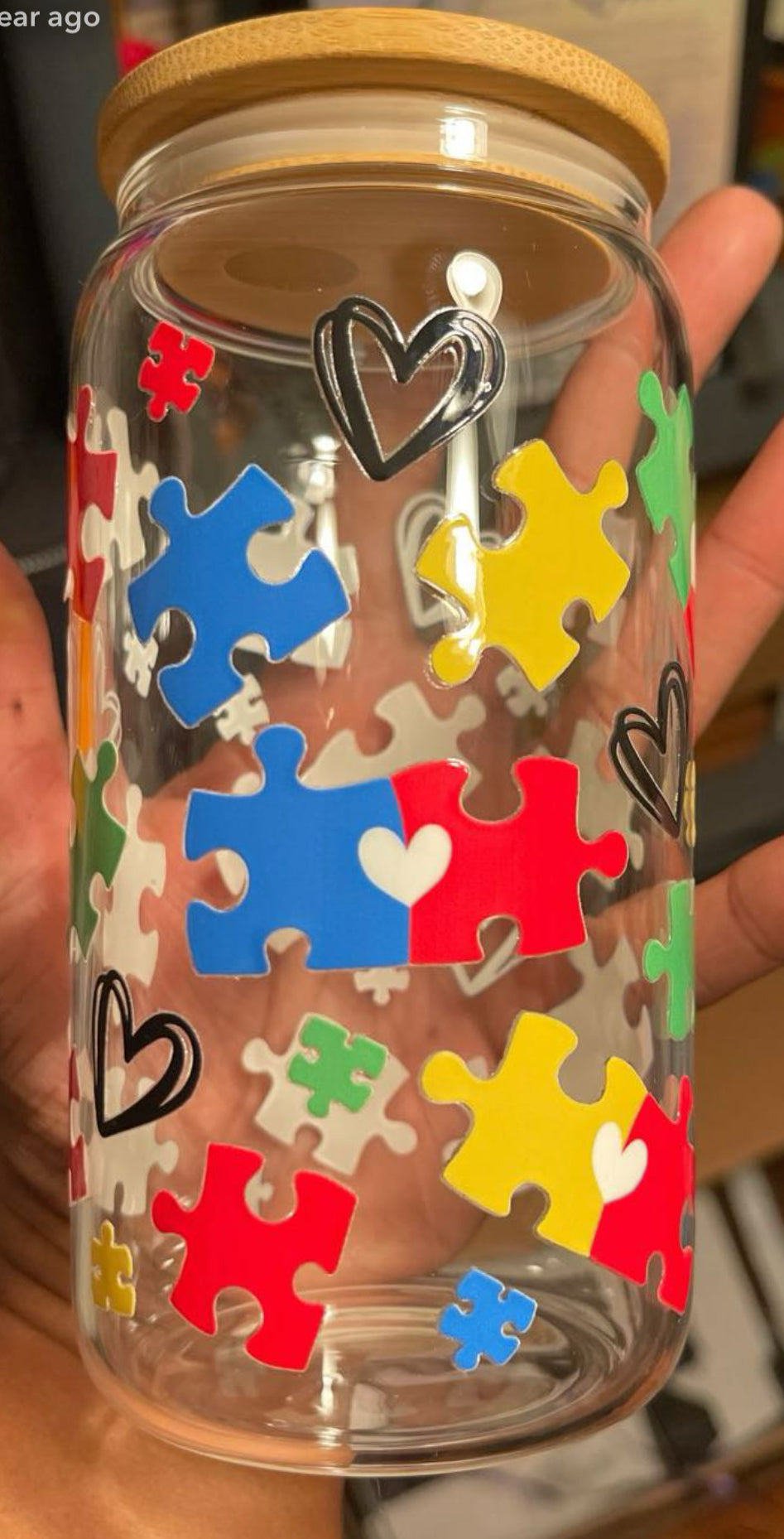✨ 16 oz Glass Cup with Autism Puzzle Print ✨